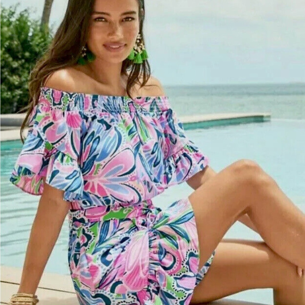 Lilly Pulitzer NWT Maddlyn Off Shoulder stretchy Dress Tiger Sunrise sundress L - Picture 9 of 9